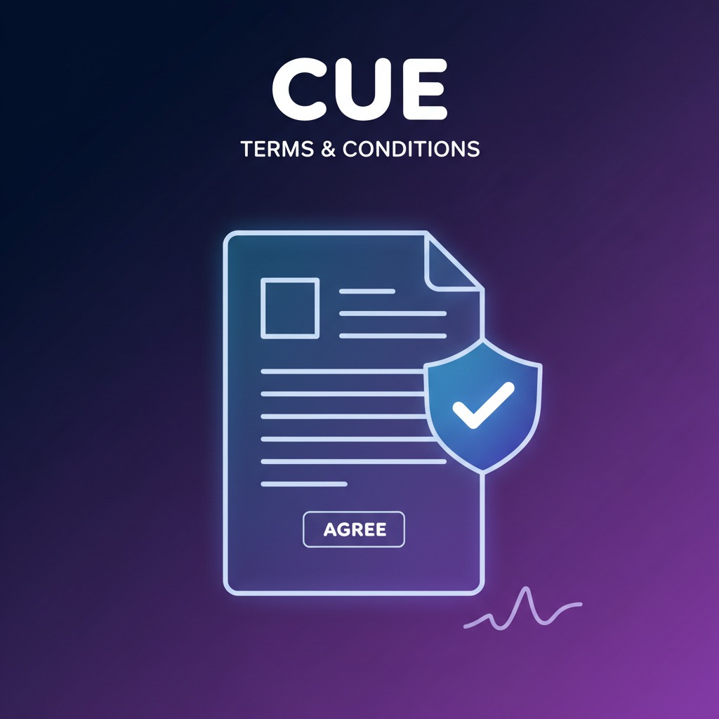 Create a clean, modern illustration for Cue’s Terms & Conditions screen, featuring a digital agreement document, a shield with a checkmark, and a subtle signature icon. Use Cue’s dark blue and purple colors, with a professional, friendly mobile-app style and no unnecessary text.