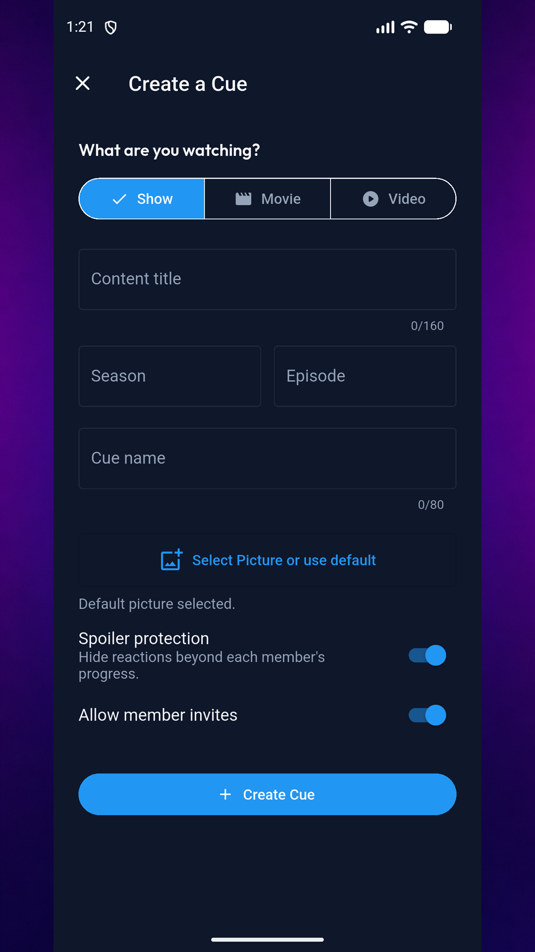 Create a private viewing room in the Cue mobile app