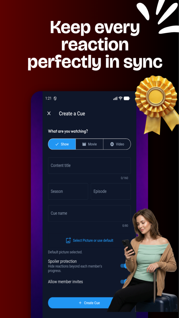 Cue mobile app screen for creating a private spoiler-protected viewing room