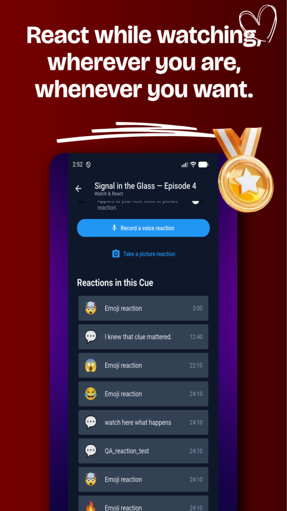 Cue mobile app showing timed emoji, text, photo and voice reactions