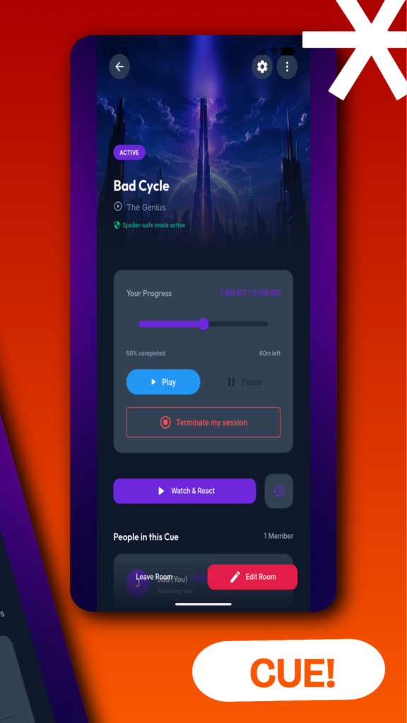 Cue mobile app room with viewing progress, session controls and Watch and React button