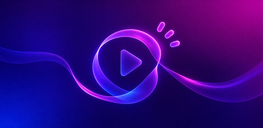 Cue play-and-reaction symbol on a purple and blue background